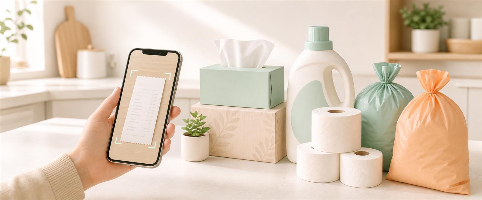 スマートフォンでレシートを読み取り、家庭用品を管理する様子